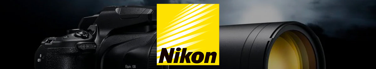Nikon Bridge Camera Collection Banner Image - Nikon Bridge camera on moody, isolated background