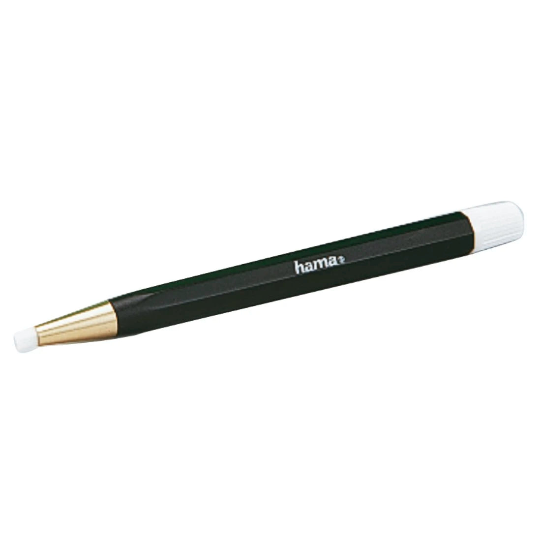 Black stylus pen with white and gold accents on a white background, featuring the brand 'hama'.