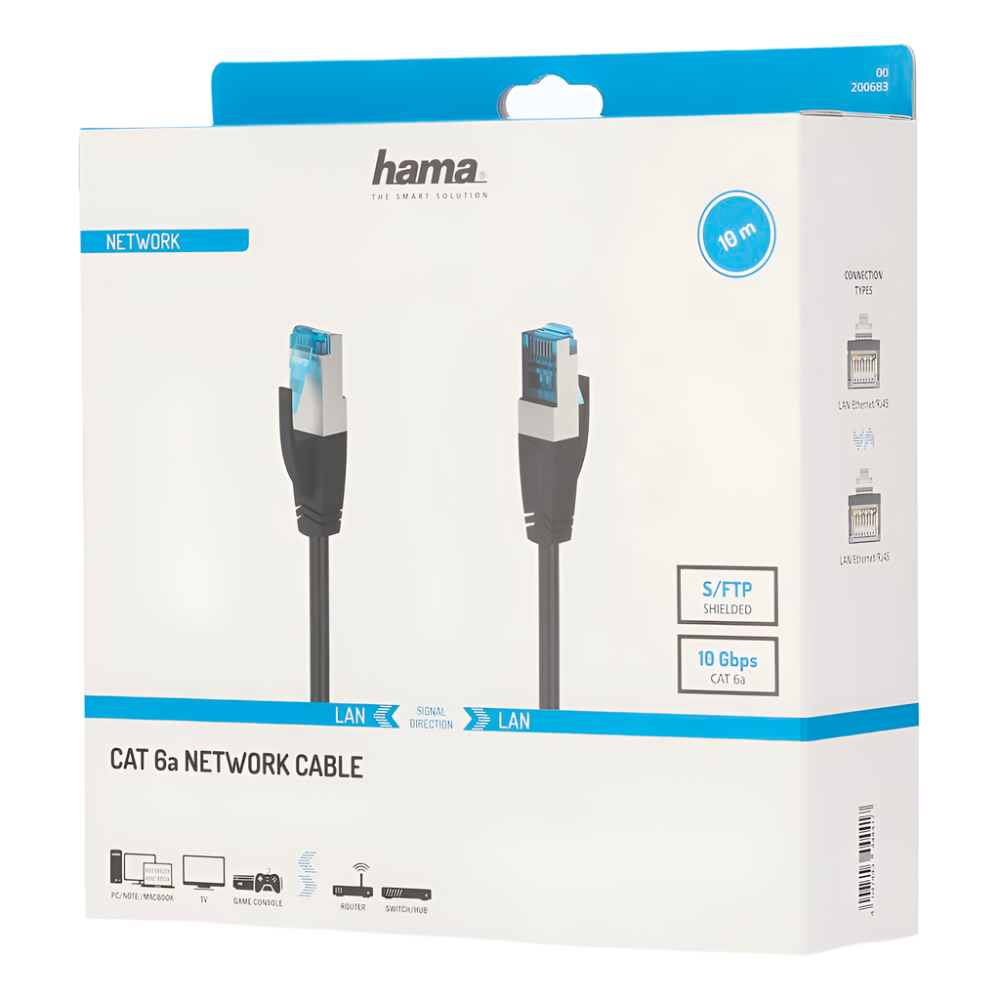 Hama CAT6a Patch Cable, S/FTP Shielded, 10 Metres, Black