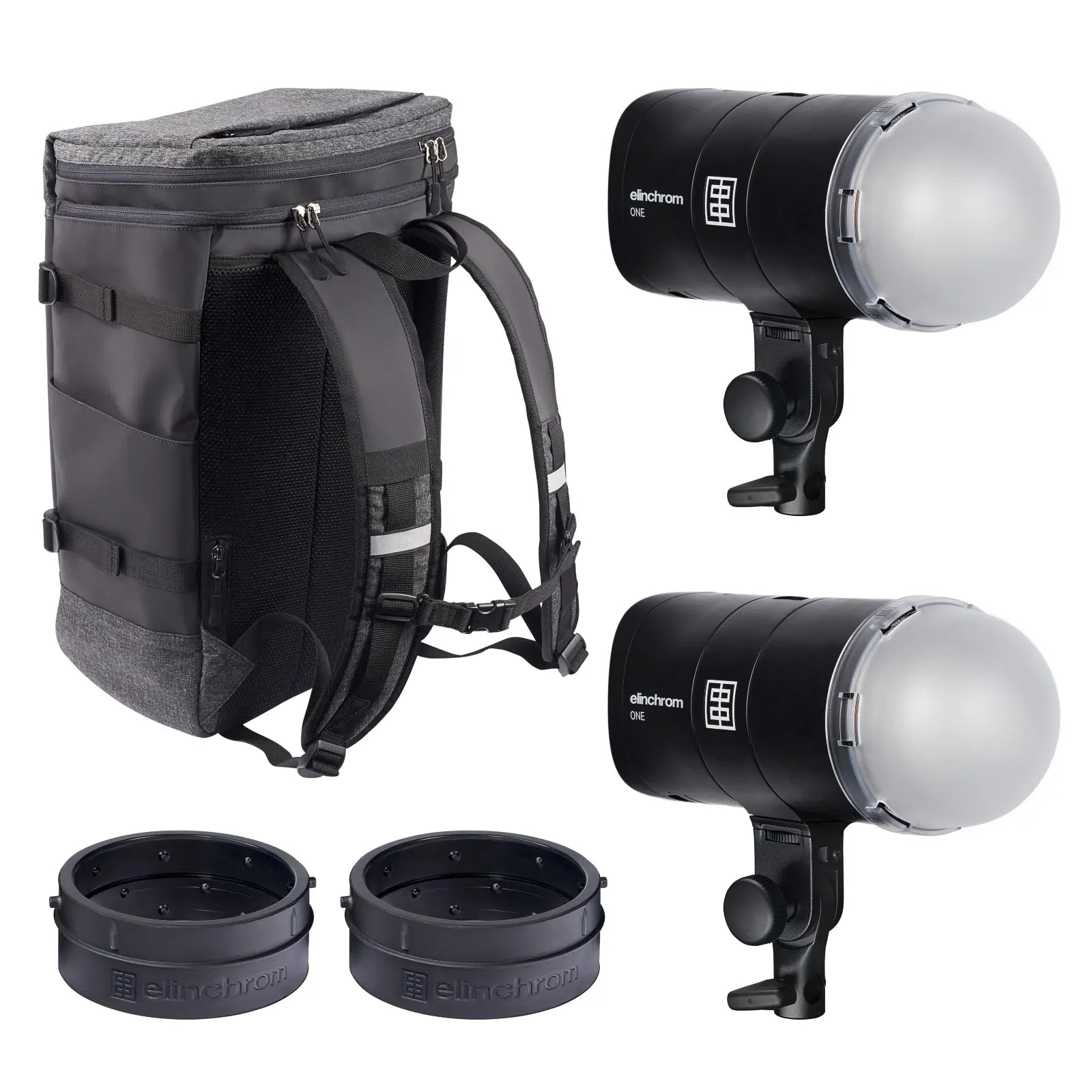 The image shows a portable Elinchrom ONE Off-Camera Flash Dual Kit consisting of two flash units, a backpack, and other accessories.