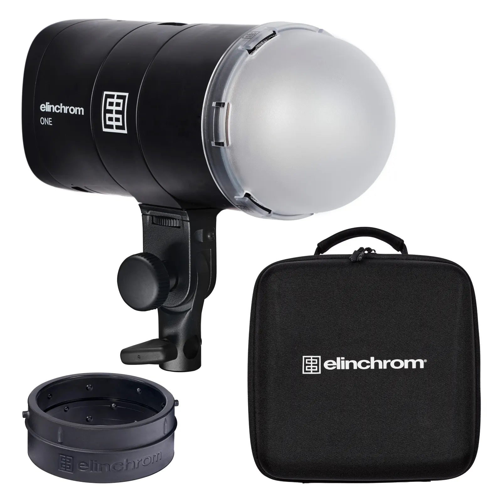 Elinchrom ONE Off-Camera Flash Kit, including the flash unit, an adapter, a diffusion dome, and a carrying case.