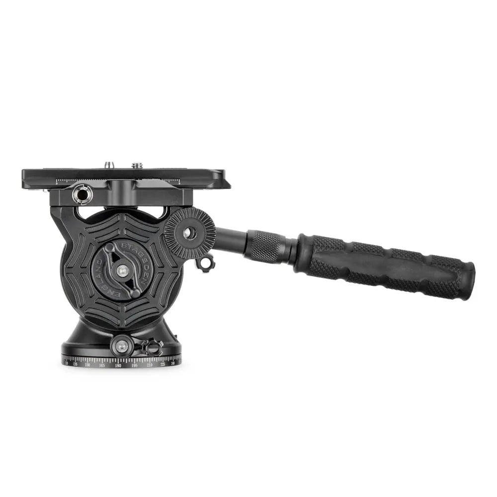 Black camera tripod head with handle on a white background