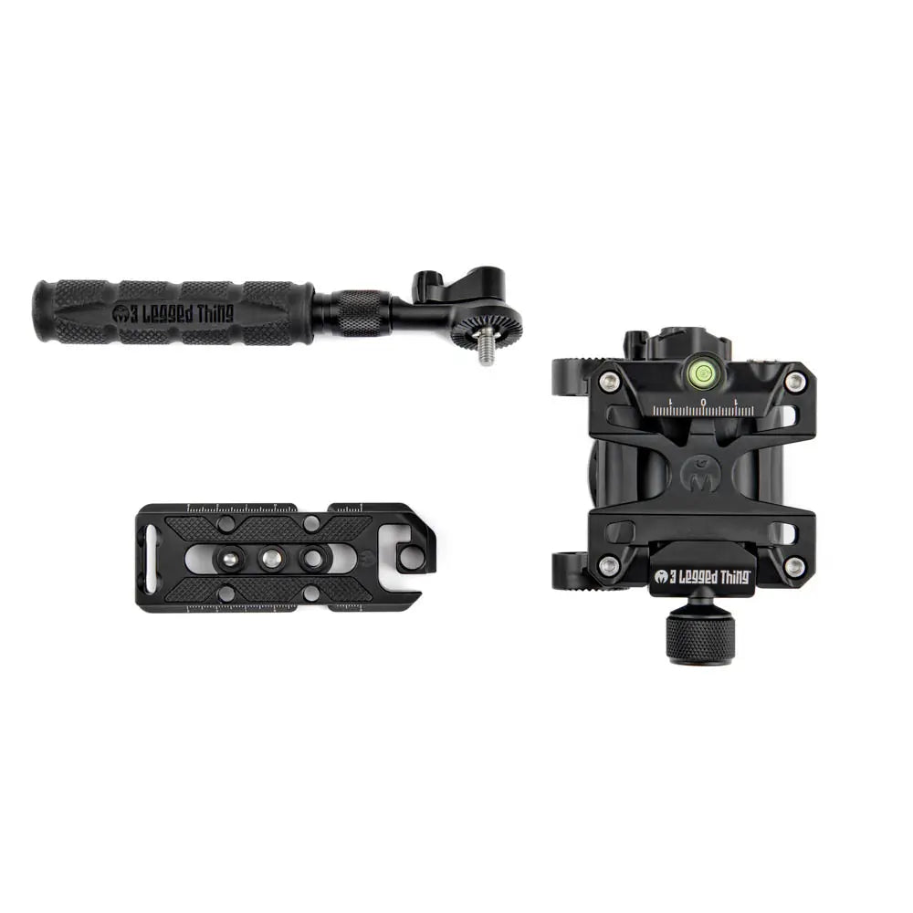 Black camera accessories set on a white background
