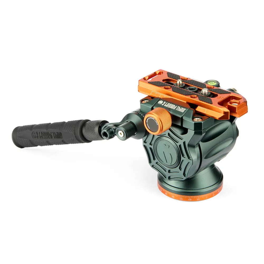 Camera tripod head with orange and green design on a white background