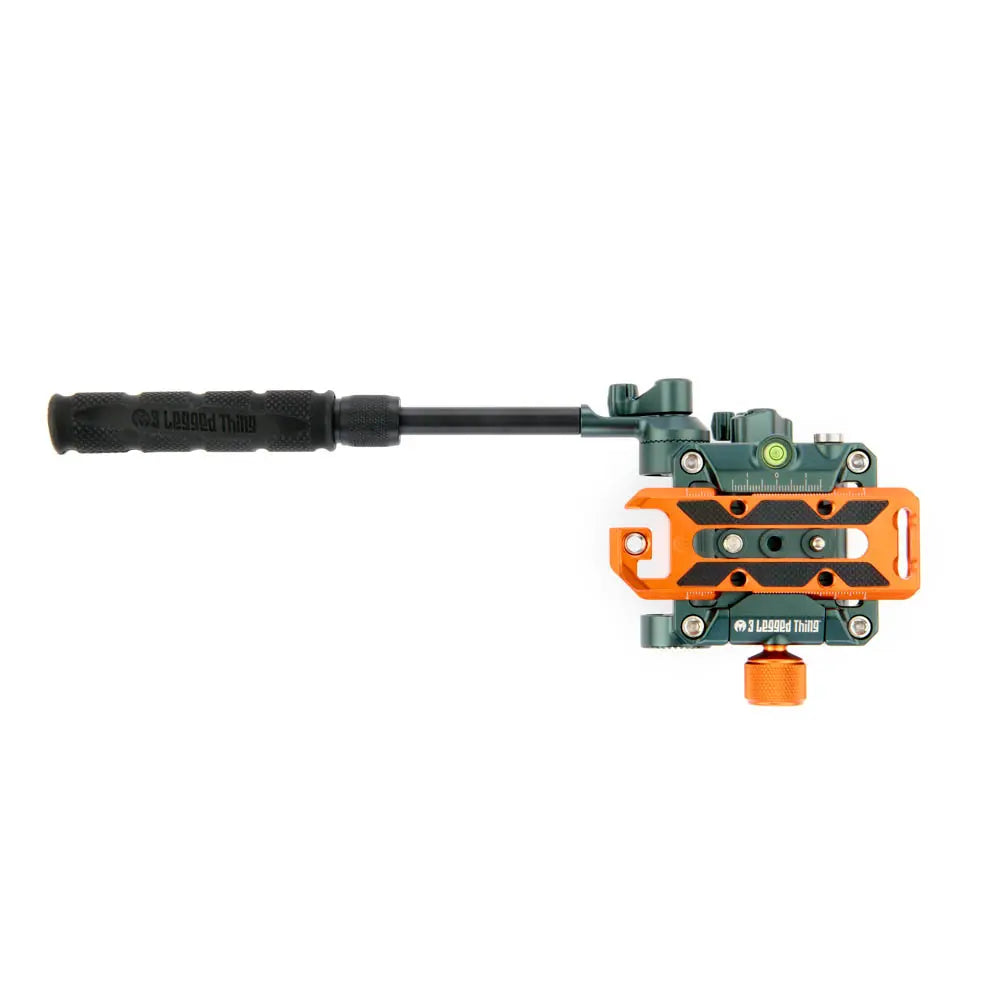 Camera stabilizer with black handle and orange and green base on a white background