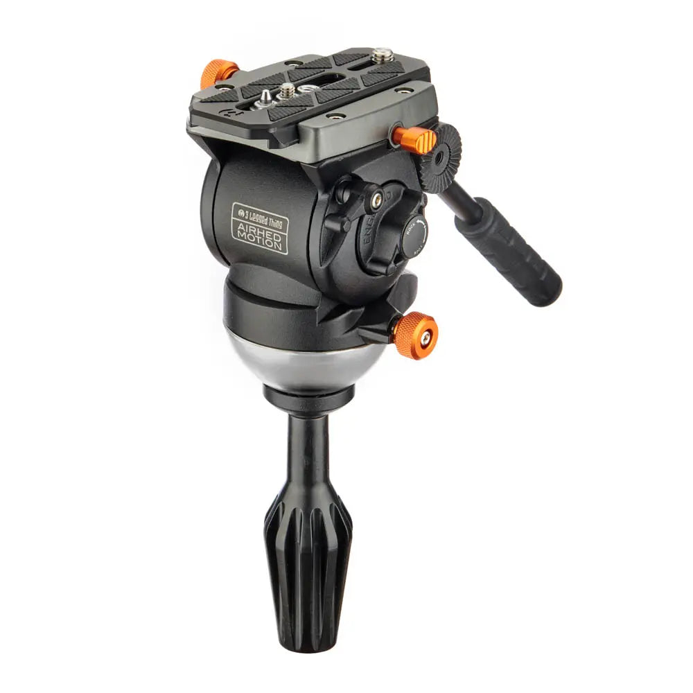 Camera tripod head with adjustable controls on a white background