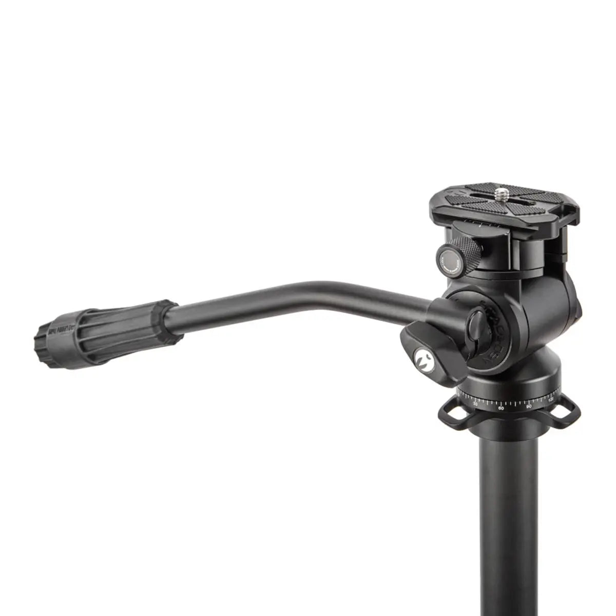 Black camera tripod head on a white background