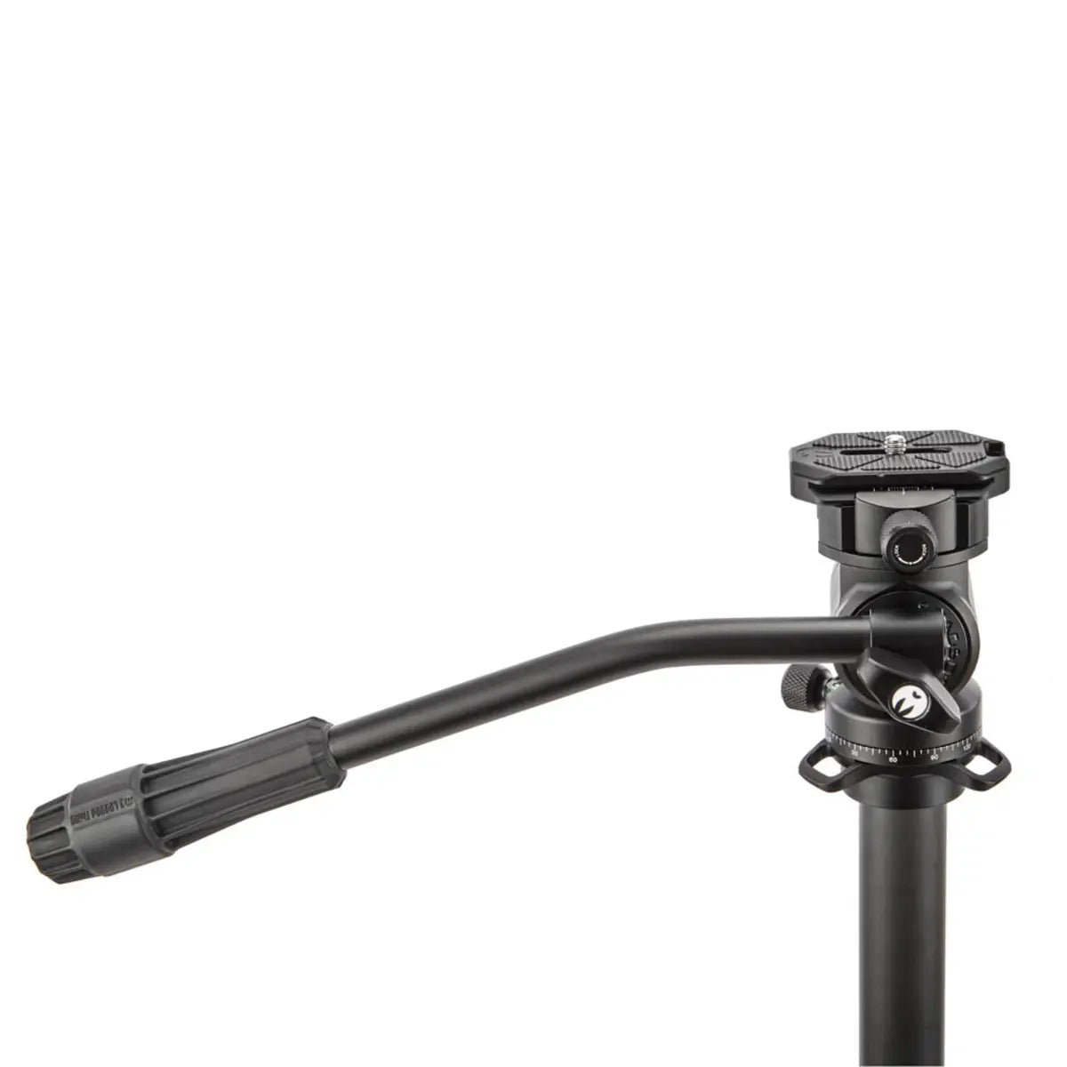 Black camera tripod head on a white background