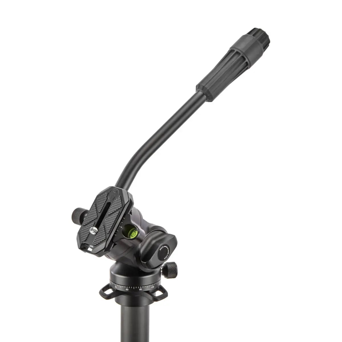 Black camera tripod head on a white background