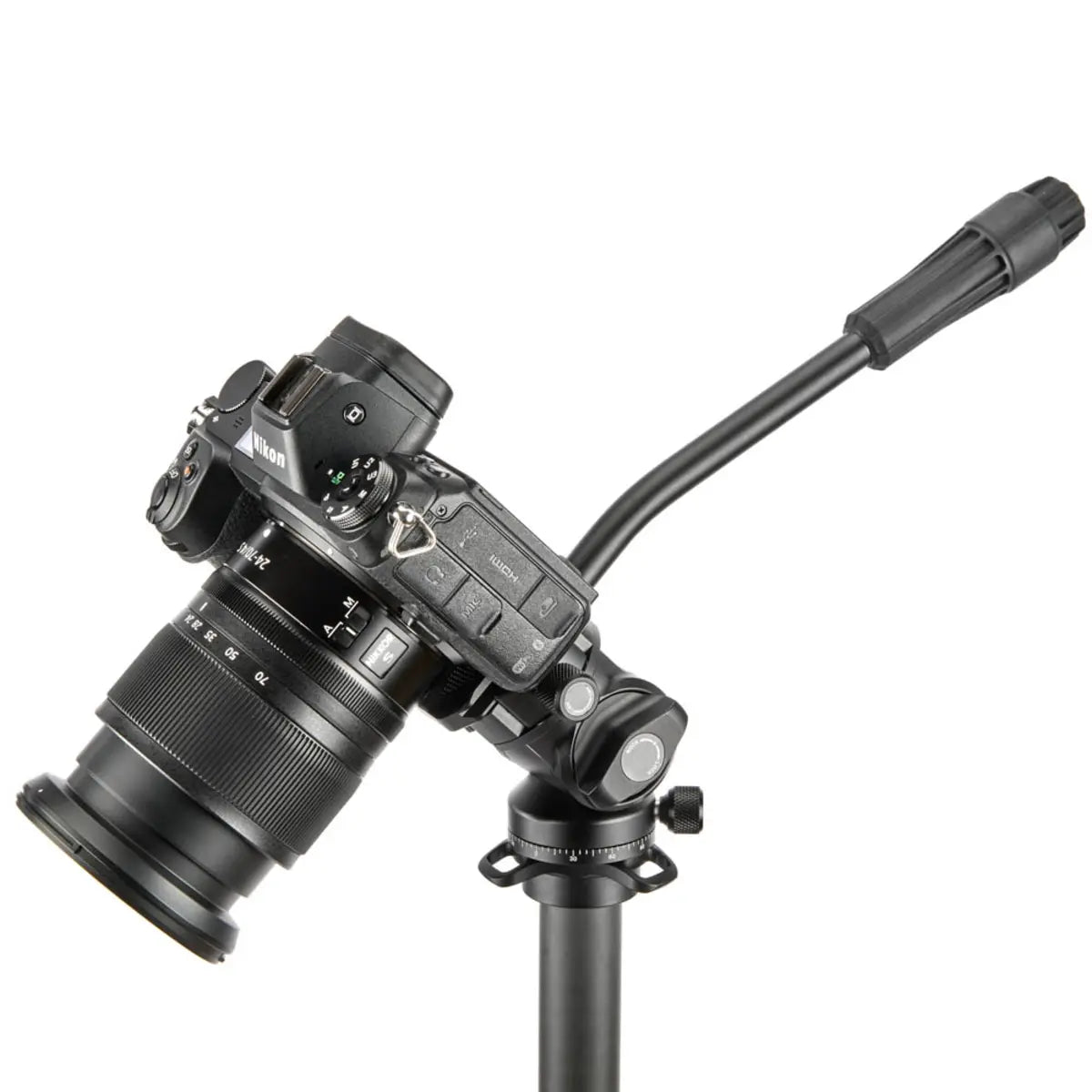 Camera on a tripod with a white background