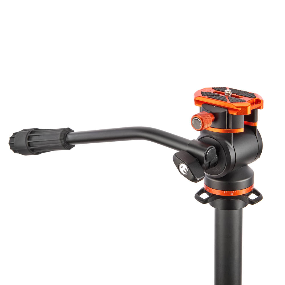 Camera tripod head with black and orange design on a white background