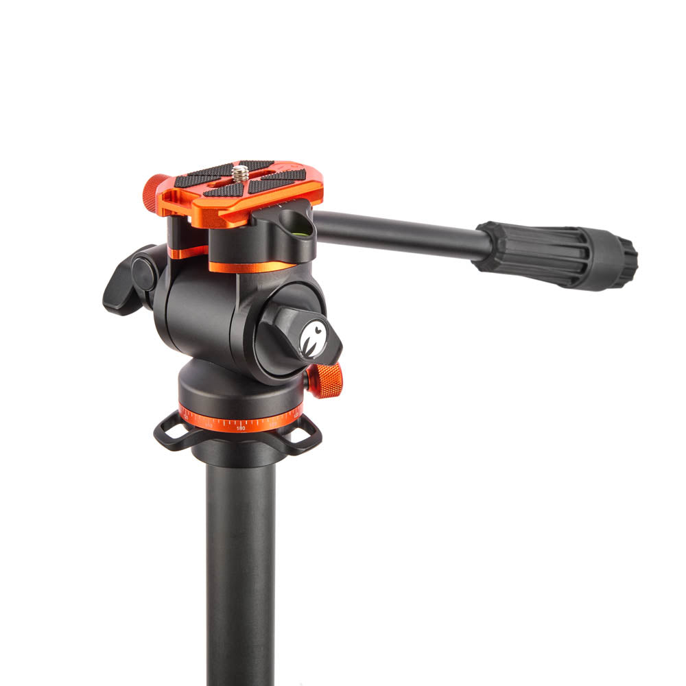 Camera tripod with orange accents on a white background