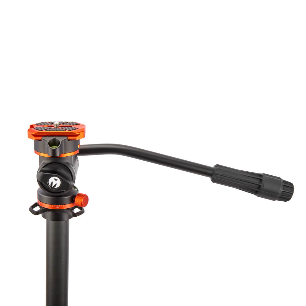 Black and orange tripod with adjustable head on a white background