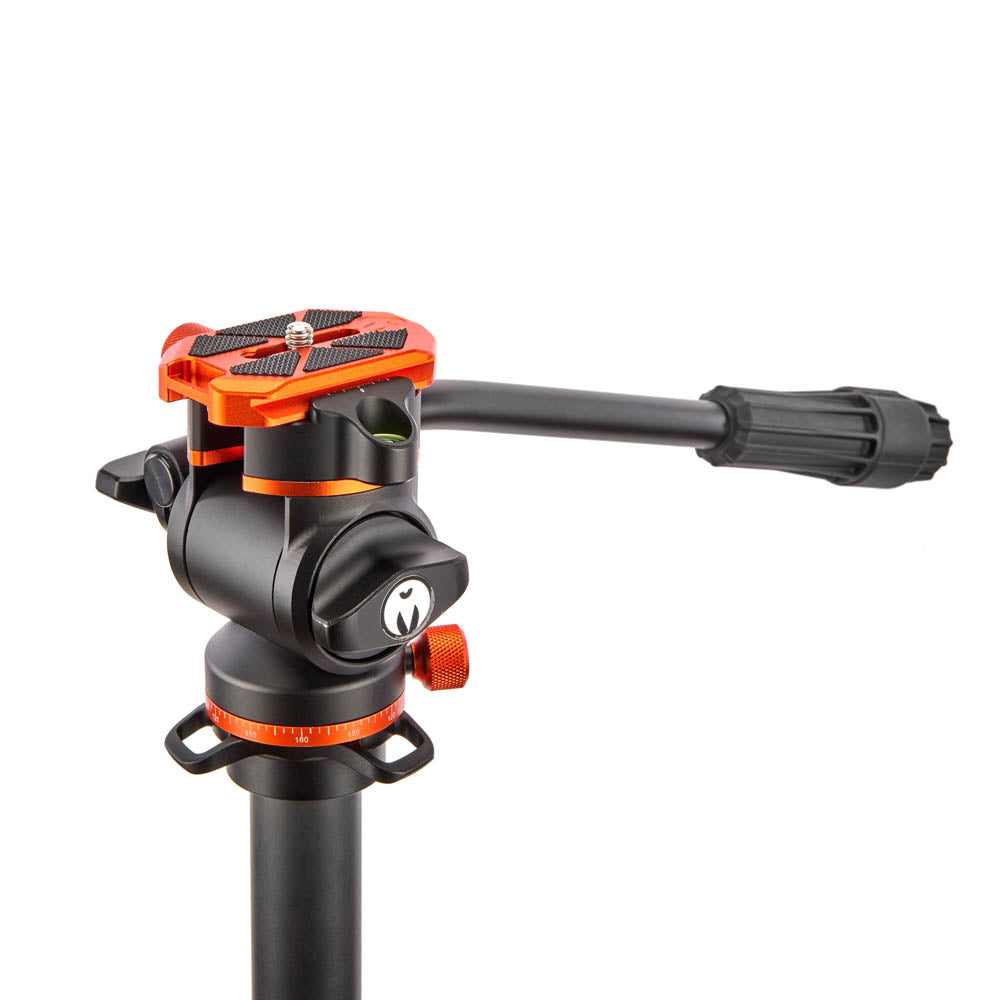 Camera tripod head with orange accents on a white background