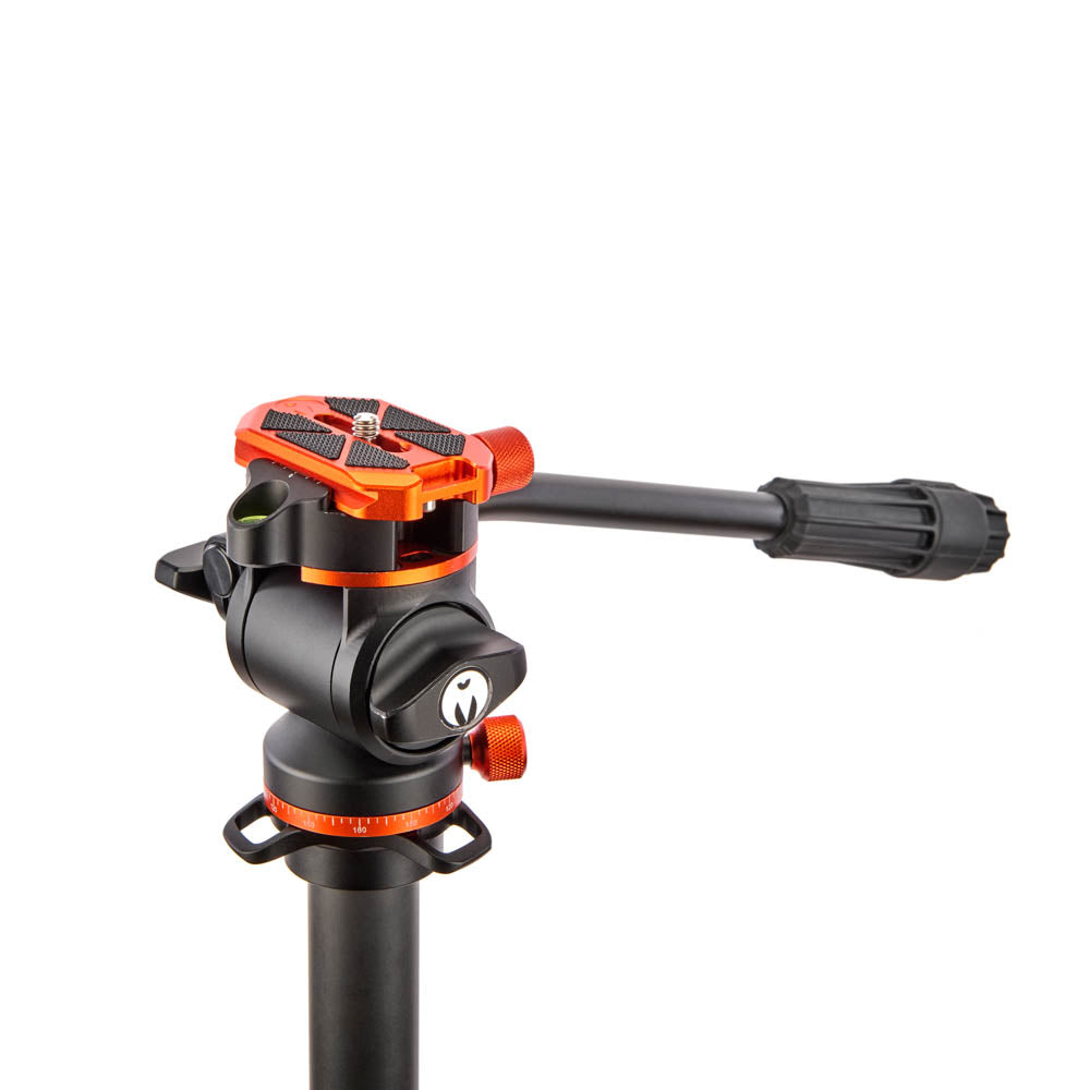 Camera tripod head with orange accents on a white background