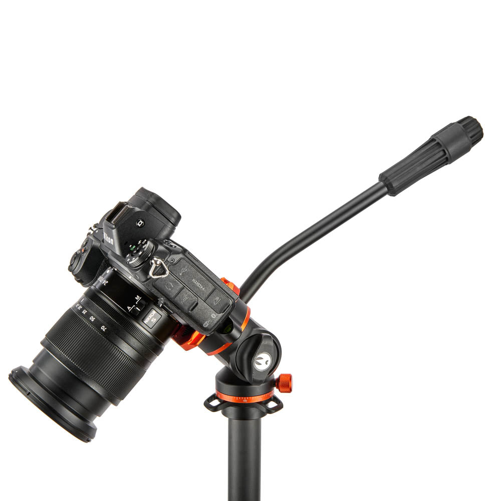 Camera on a tripod with a head on a white background