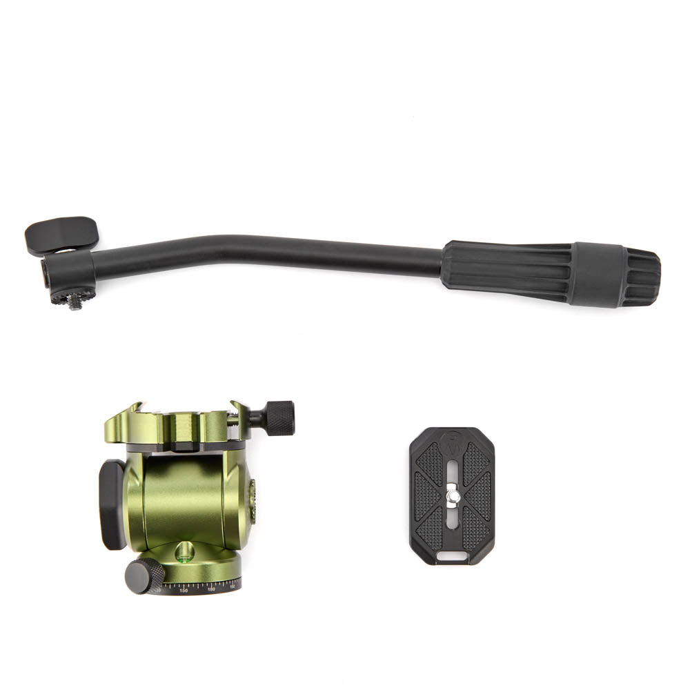 Camera tripod head with extension arm and quick release plate on a white background