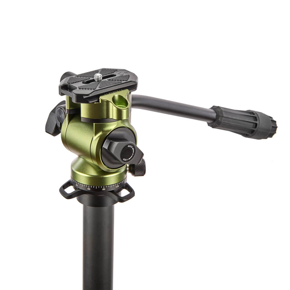 Camera tripod head with green and black design on a white background