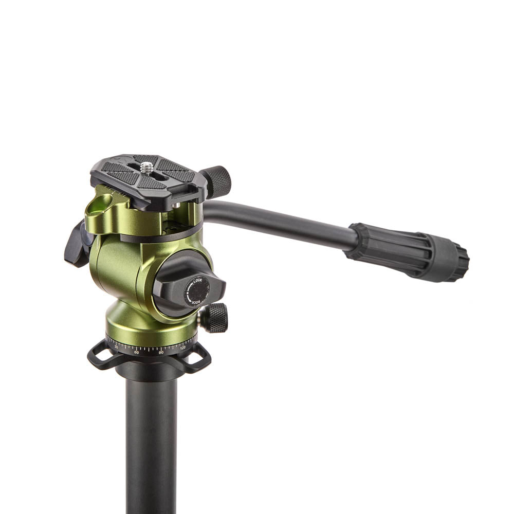 Camera tripod head with green and black design on a white background