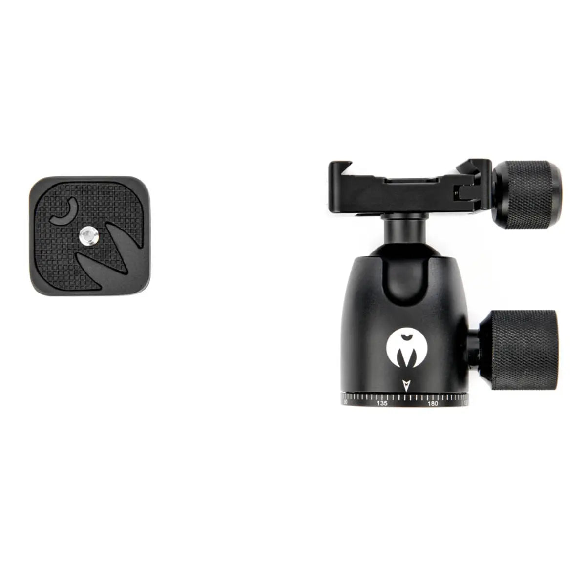 Black camera tripod head with ball joint on a white background