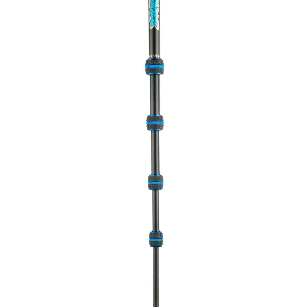Fishing rod with black and blue grips on a white background