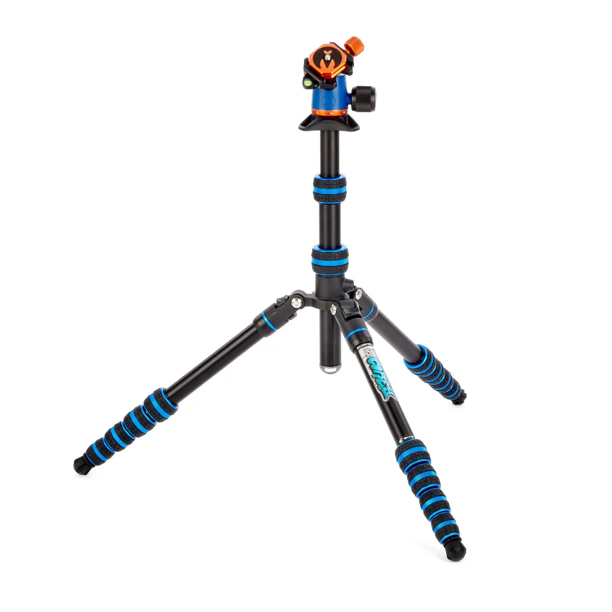 Camera tripod with blue and black accents on a white background