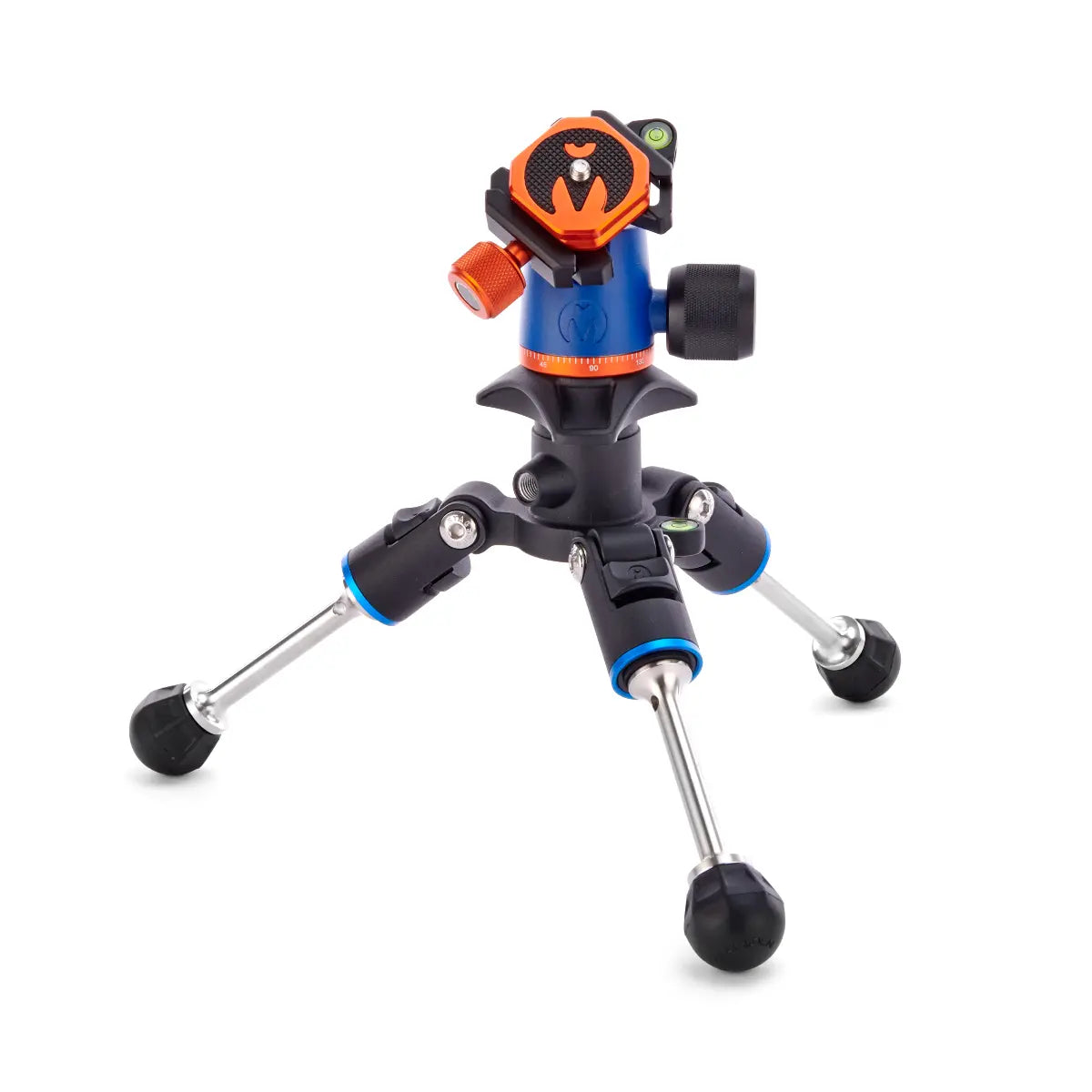 Camera tripod head with adjustable legs on a white background