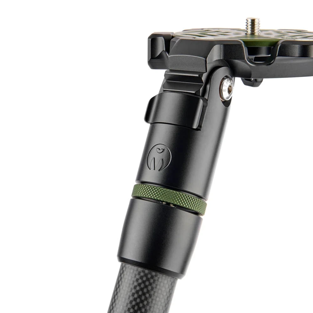Close-up of a black camera tripod handle with a textured green accent band and a carbon fiber grip, on a white background.