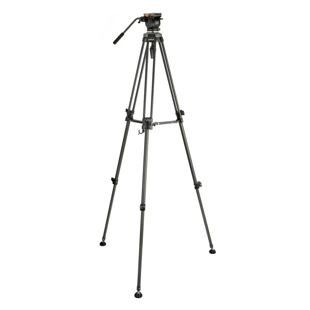 Black camera tripod on a white background