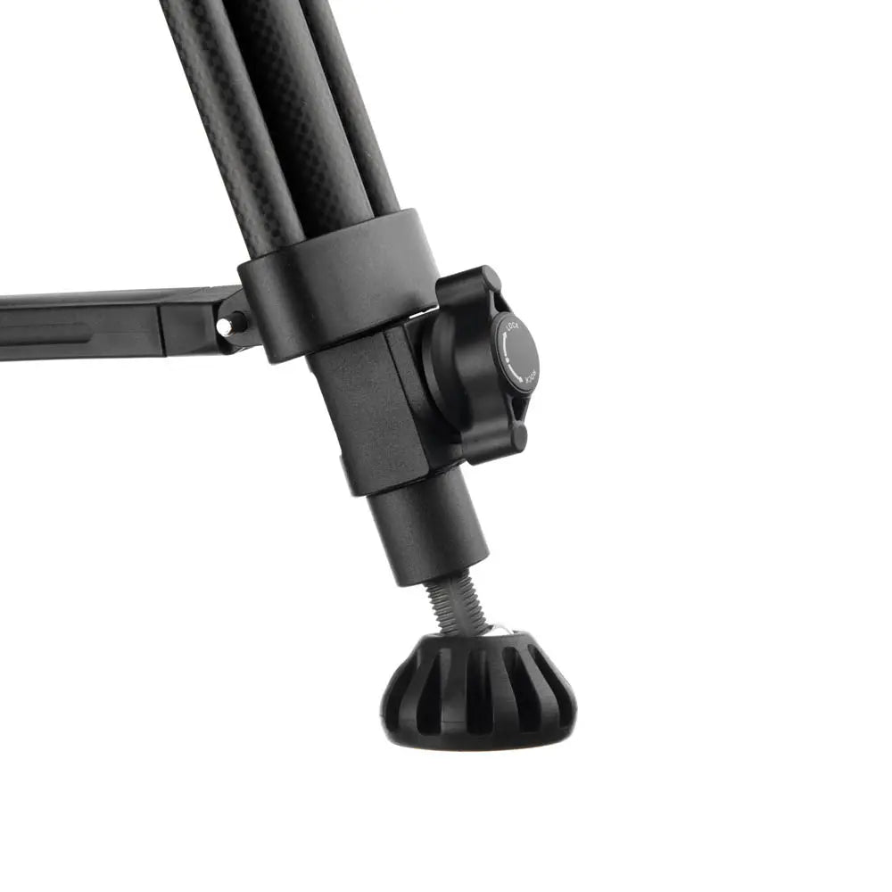 Black adjustable tripod stand on a white background