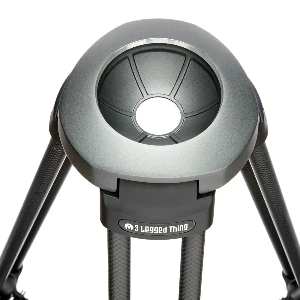 Close-up of a tripod with a '3 Legged Thing' logo on a white background