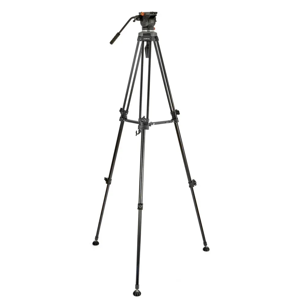 Black camera tripod on a white background