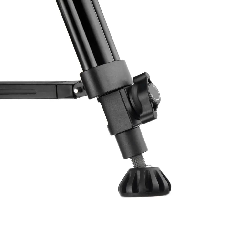 Black adjustable tripod stand on a white background