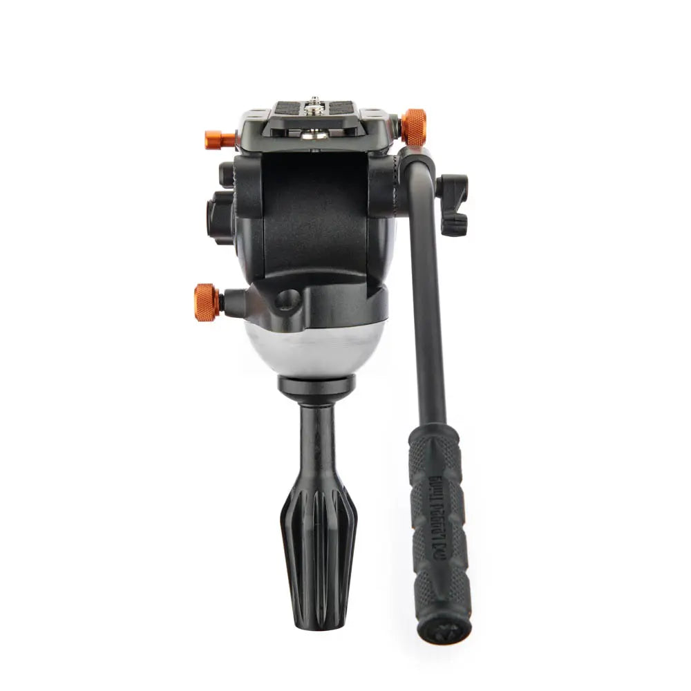 Camera tripod head with adjustable leg on a white background