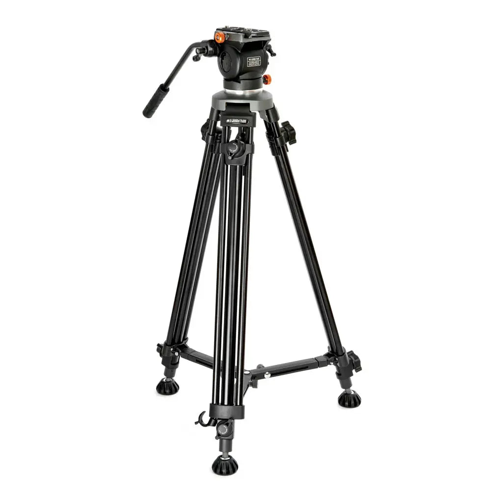 Black camera tripod on a white background