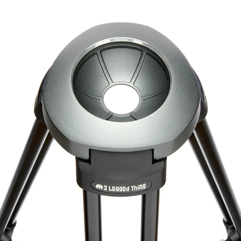 Close-up of a tripod with a gray head on a white background