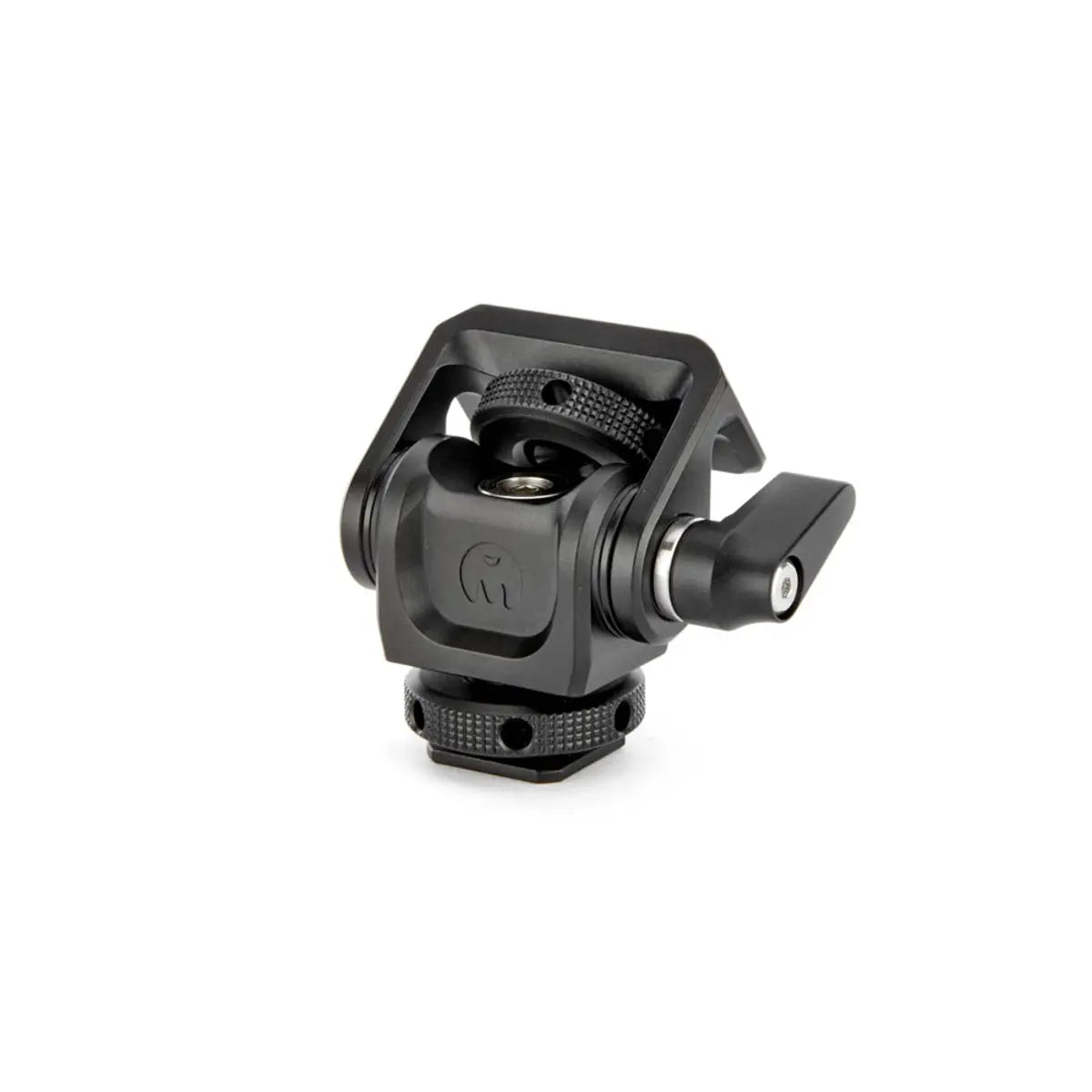 Black camera tripod head on a white background