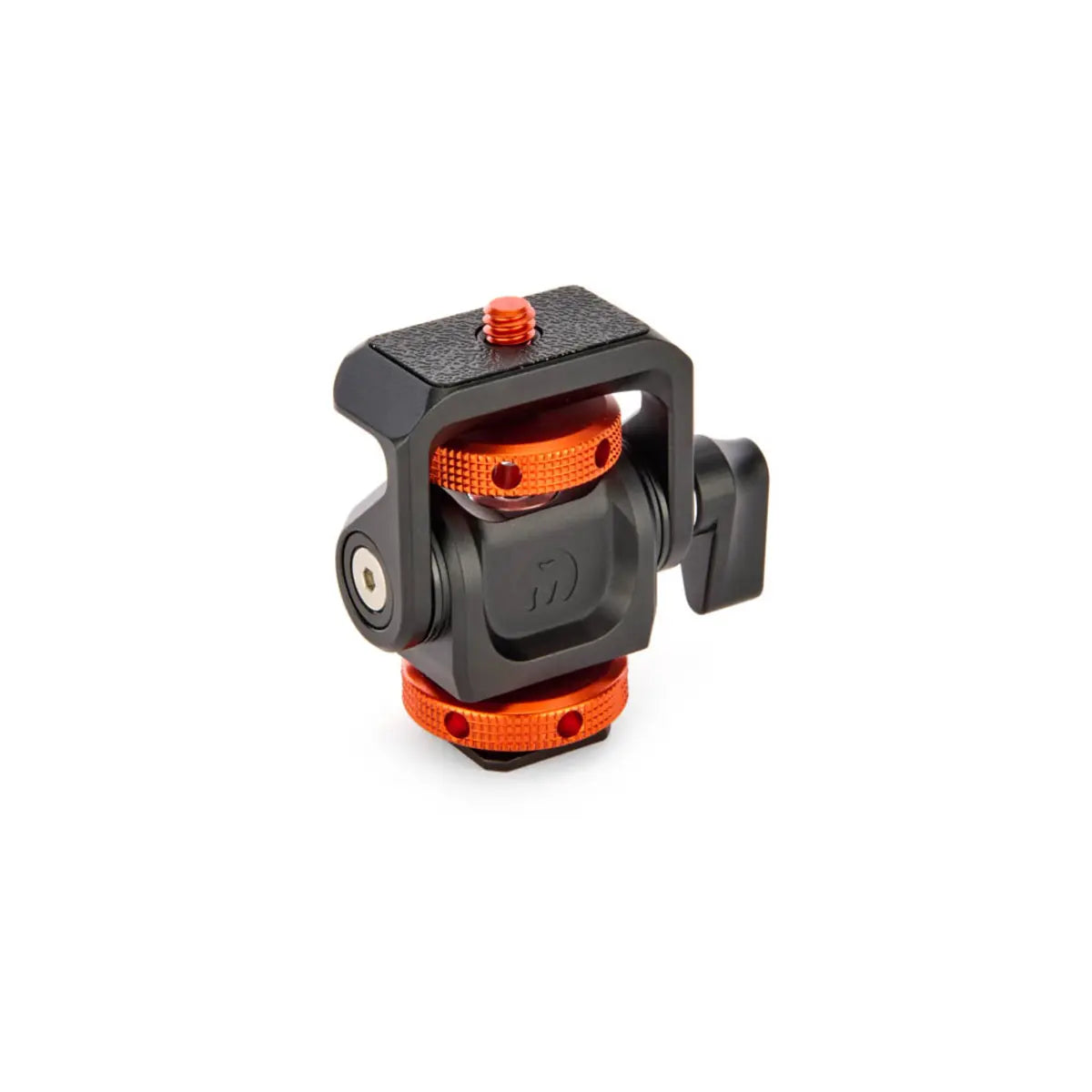 Camera ball head with orange accents on a white background