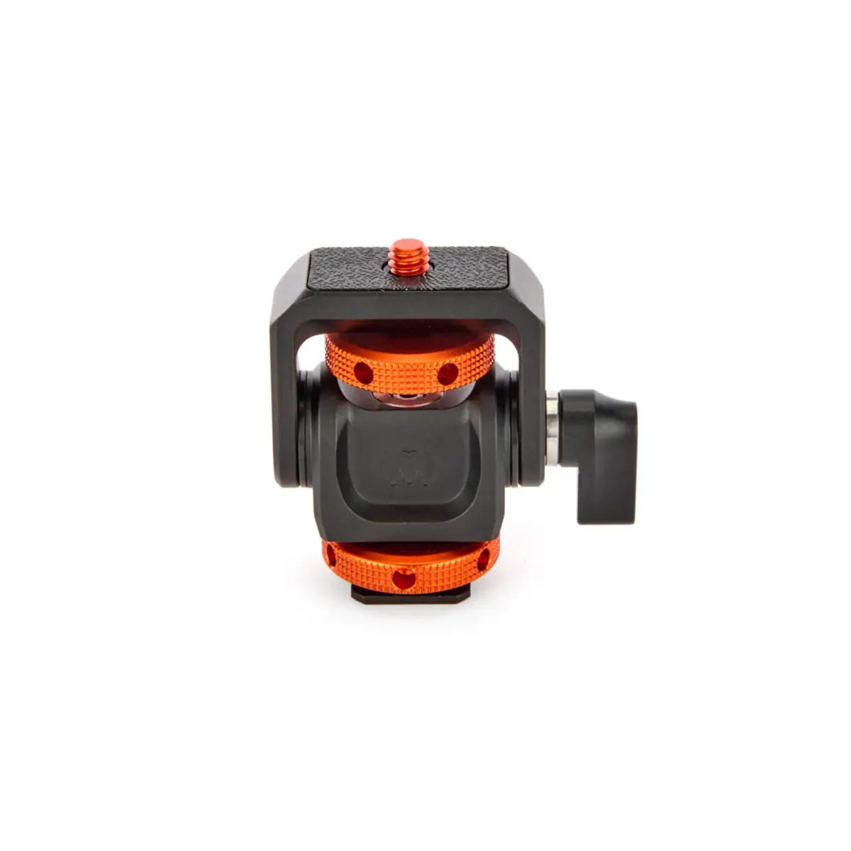Camera tripod head with black and orange design on a white background