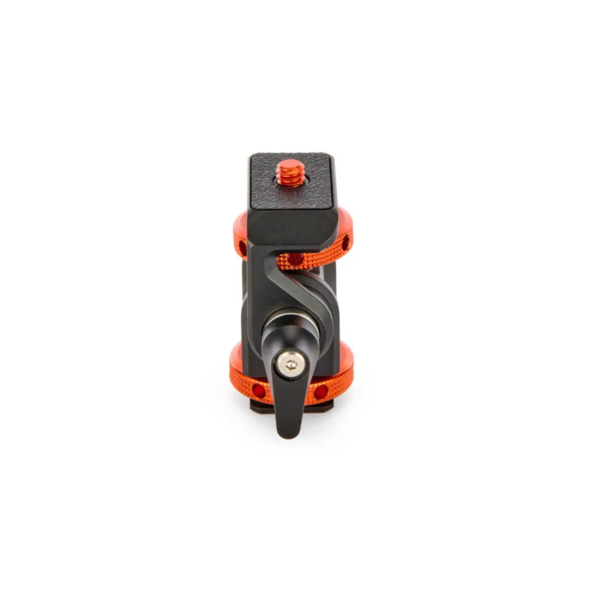 Camera tripod head with black and orange design on a white background