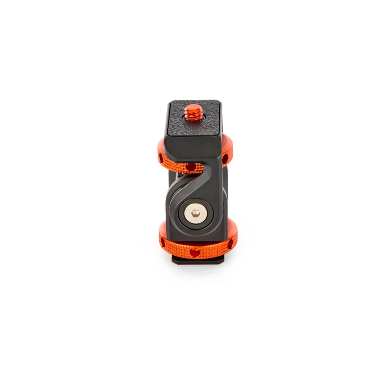 Camera quick release plate with orange accents on a white background