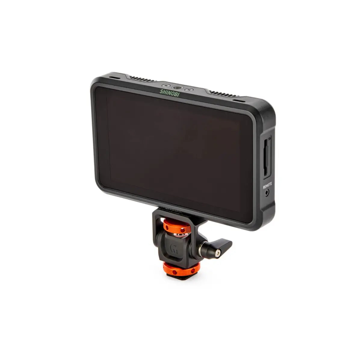 Camera monitor with a black screen and orange base on a white background