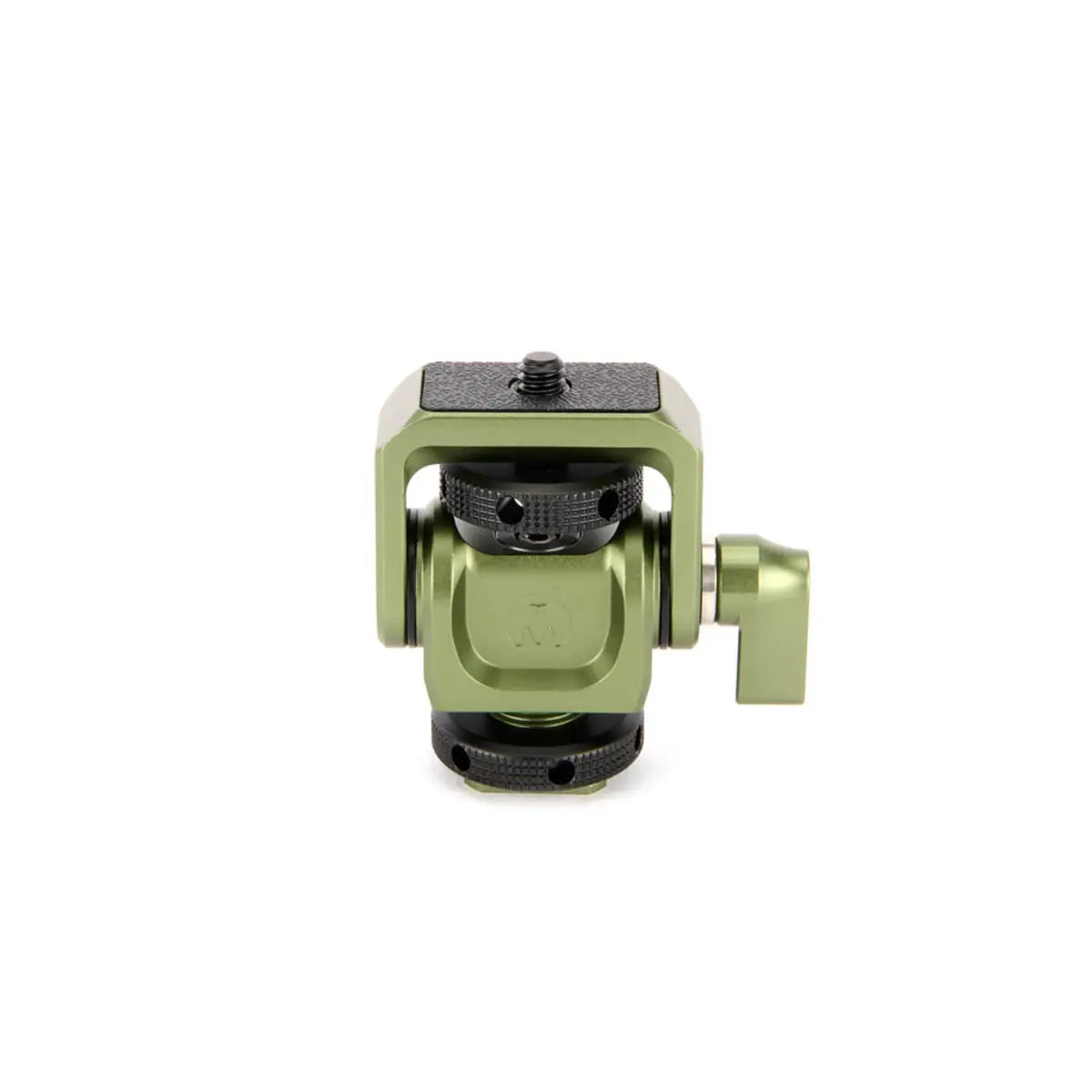 Green camera tripod head on a white background
