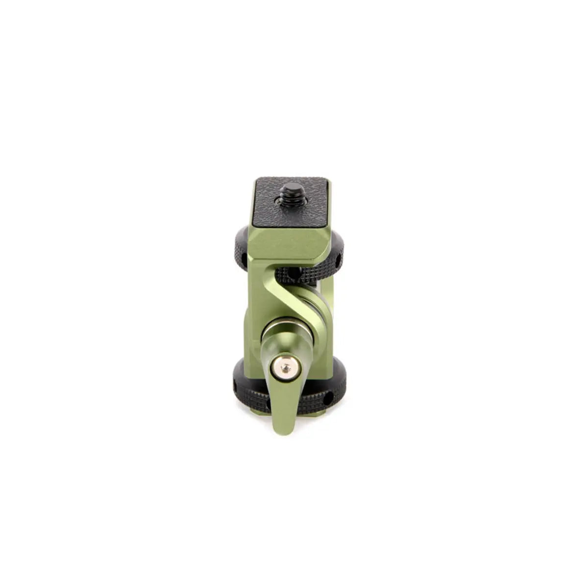 Green camera tripod head on a white background