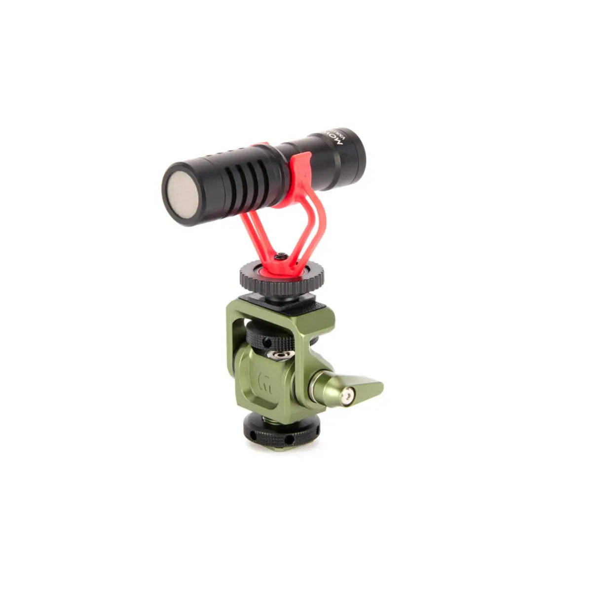 Camera microphone with red and green mount on a white background