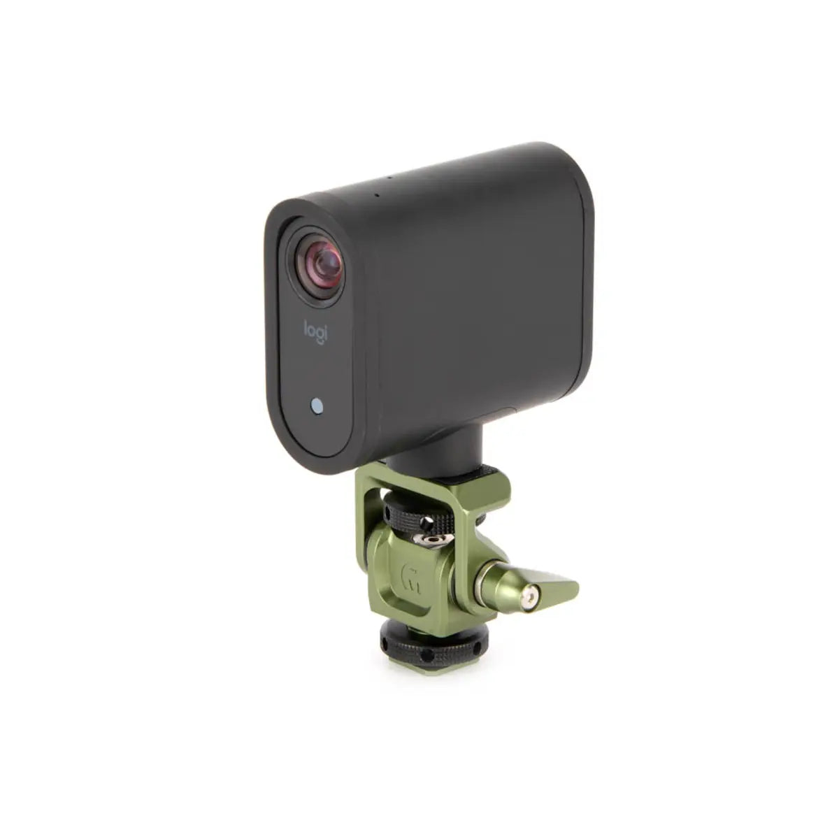 Camera with a green mount on a white background