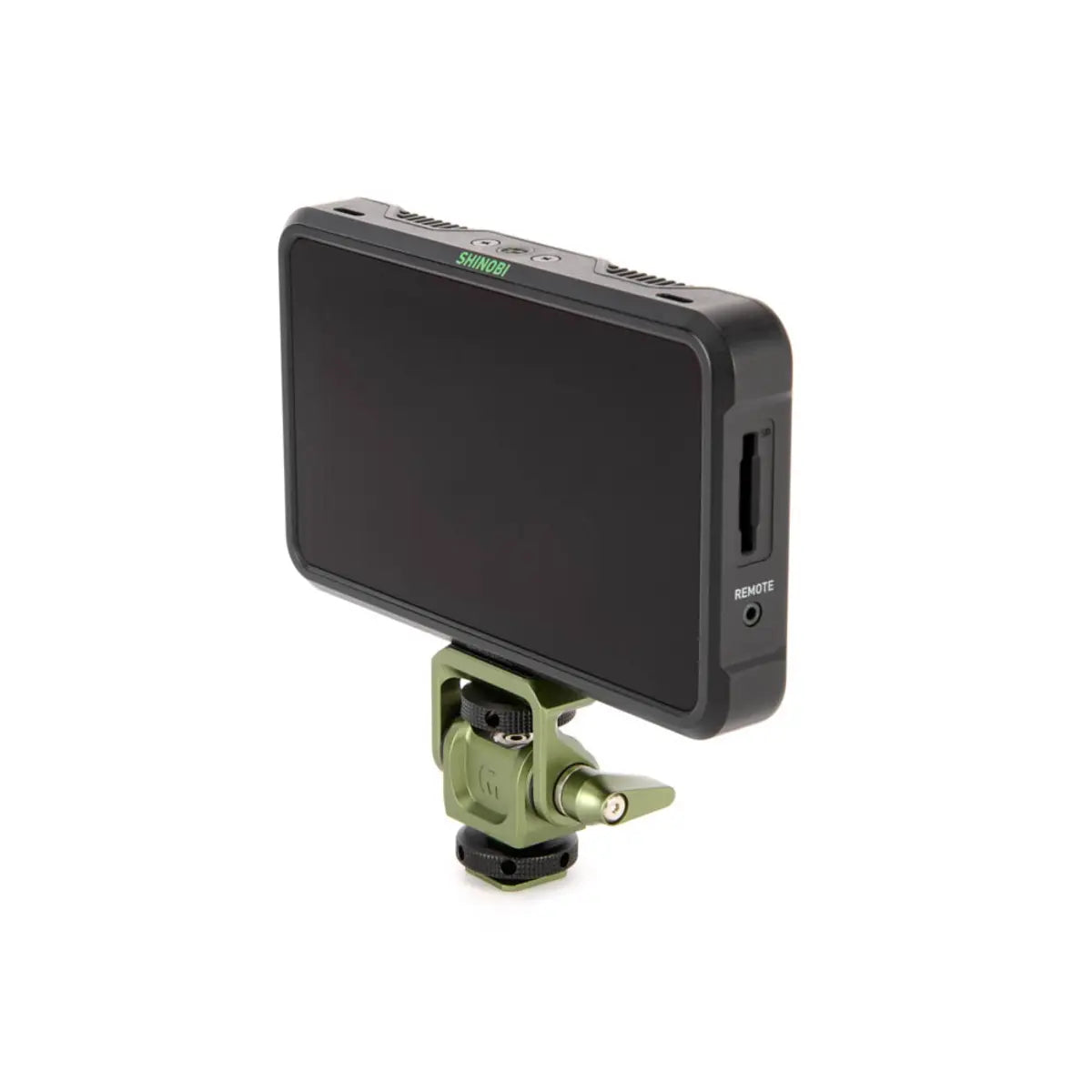 Small monitor with a green mount on a white background