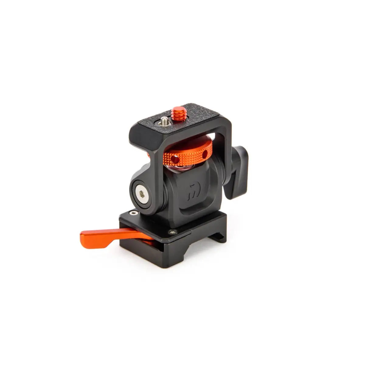 Camera pan/tilt mechanism with black and orange design on a white background