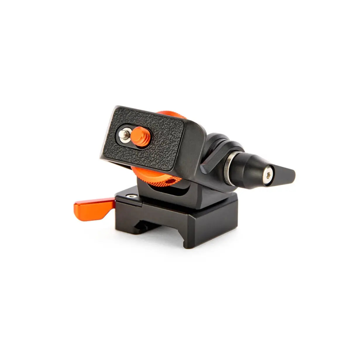 Camera tripod head with black and orange design on a white background