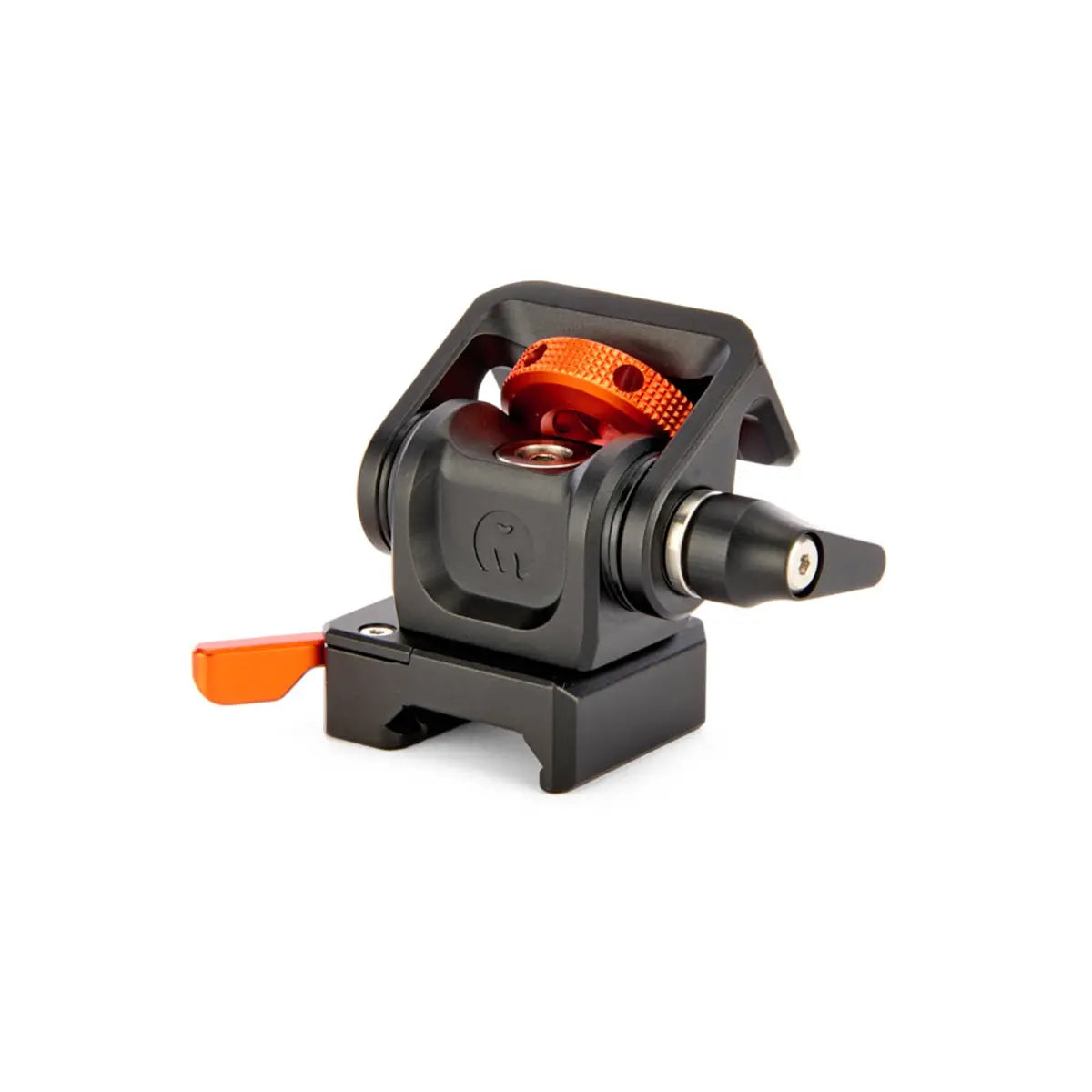 Mechanical device with black and orange components on a white background
